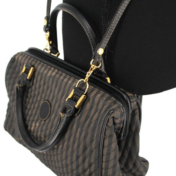 Fendi Brown Black Striped Canvas Leather Handbag Crossbody Dust Bag Included FF - Picture 3 of 9